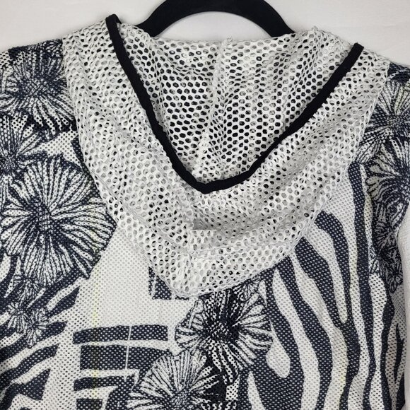 Zenergy by Chico's Size 2 Womens Large Zip Front Hooded Jacket Black White Mesh - Picture 10 of 10